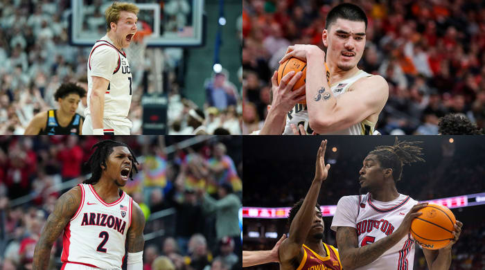 Clockwise from top left: UConn guard Cam Spencer, Purdue center Zach Edey, Houston forward Ja’Vier Francis and Arizona guard Caleb Love